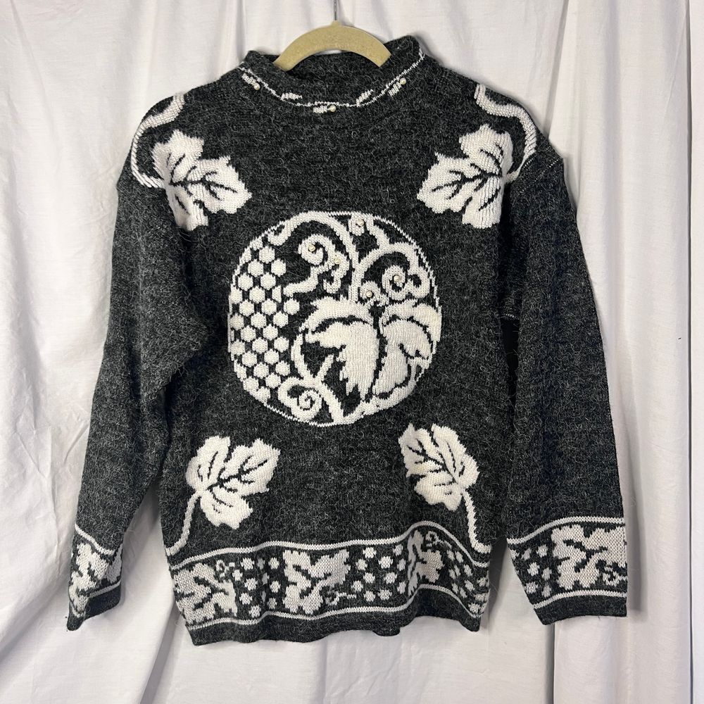 Just Maggie Vintage Mock‎ neck sweater gray cream ornament leaf wool Size Large